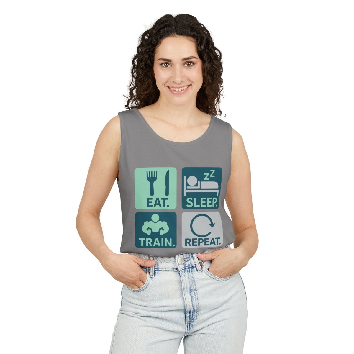 "EAT.SLEEP.TRAIN.REPEAT." Active Lifestyle Tank Top - Gym Wear, Fitness Apparel, Workout Shirt, Casual Summer Top, Gift for Athletes MINDSet - AI Tee Hero