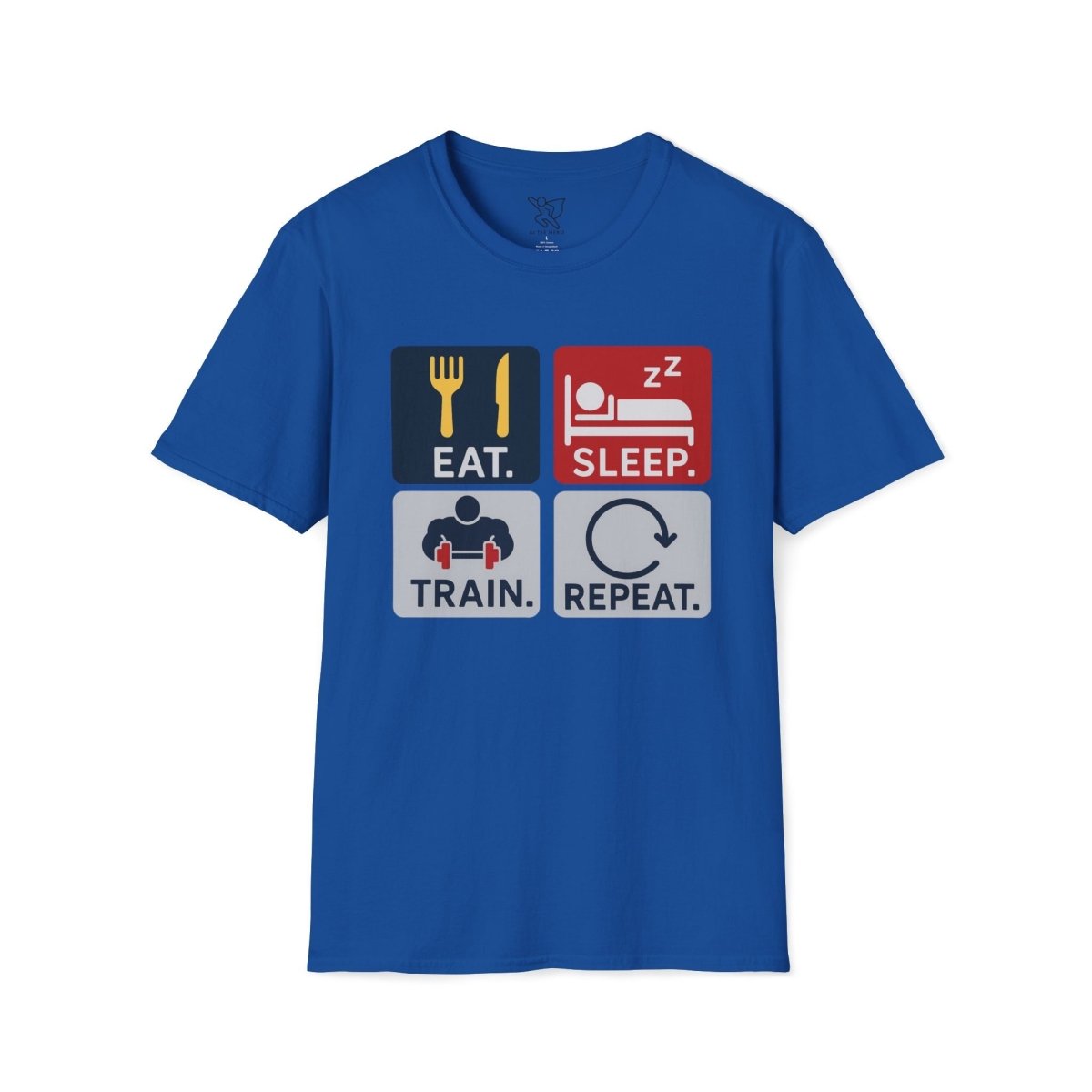 "EAT.SLEEP.TRAIN.REPEAT." Witty T-Shirt, Fitness Humor Tee, Workout Gift, Gym Apparel, Unisex Activewear, Inspirational Sports Shirt MINDSet - AI Tee Hero