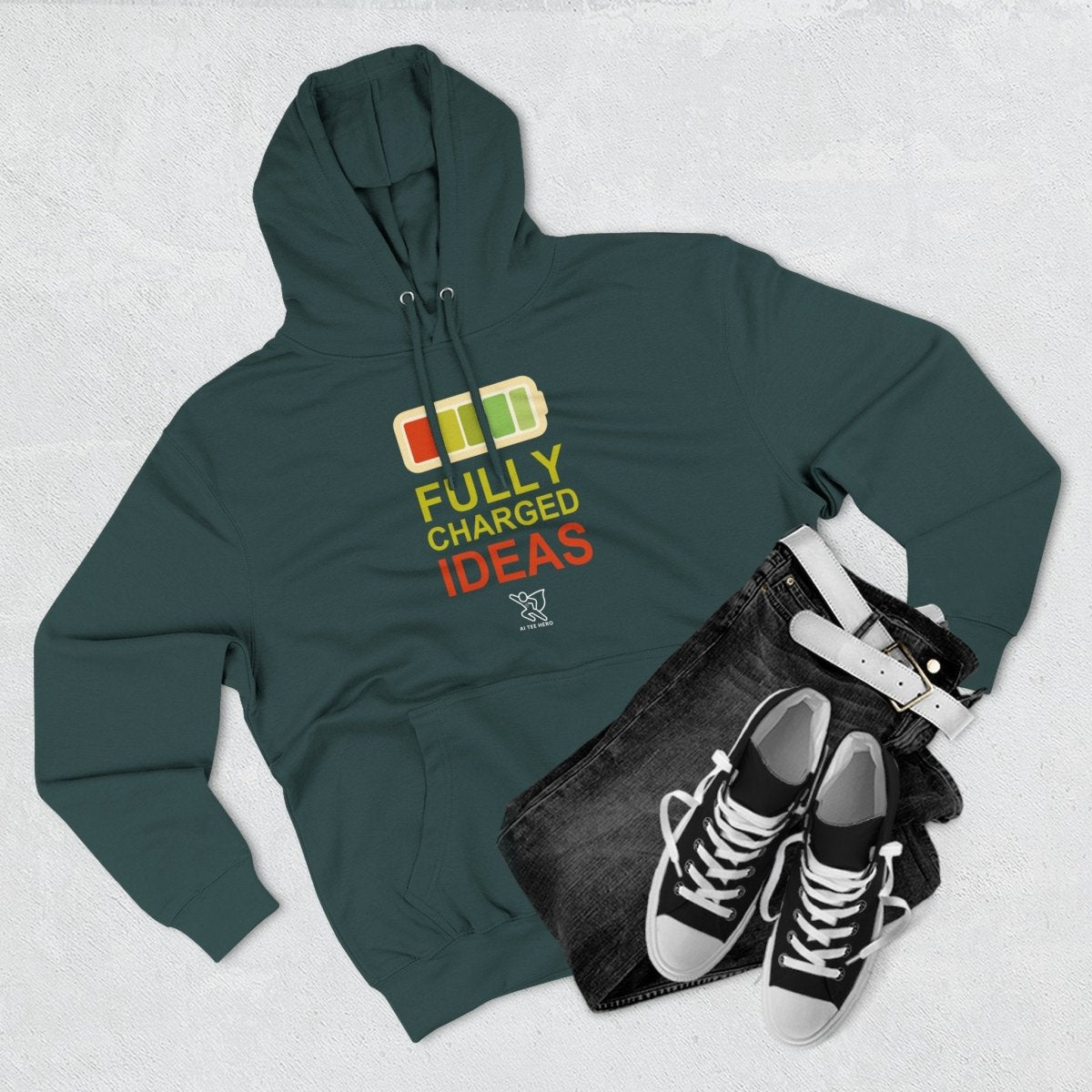 "Fully Charged Ideas" Motivational Fleece Sweatshirt, Cozy Gift for Creatives, Perfect for Inspiration, Fun Wear for All Occasions - AI Tee Hero