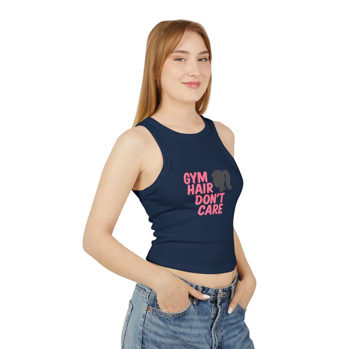 "Gym Hair, Don't Care." Stylish Women's Micro Rib Racer Tank for Gym Lovers, Perfect for Workouts, Fitness Gifts, Activewear, and Casual Outfits MINDSet - AI Tee Hero