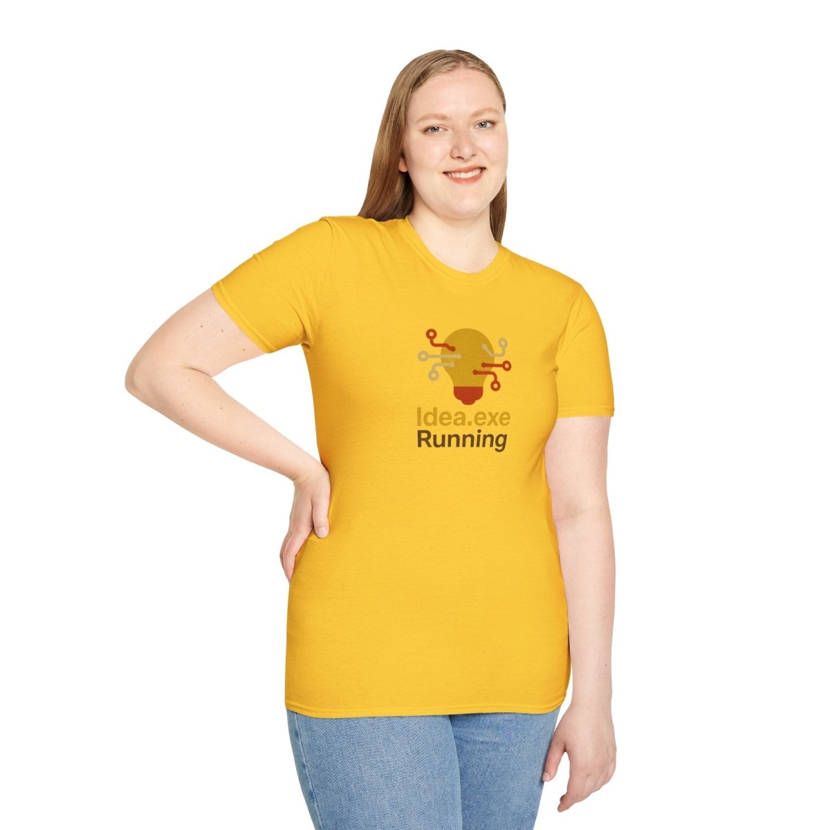 "Idea.exe Running" Tech - Inspired Unisex Softstyle T-Shirt, Geek Humor Tee, Casual Everyday Wear, Gift for Programmers, Unique Tech Gifts, Funny Coding Shirt CW - 2 Yellow Orange - AI Tee Hero