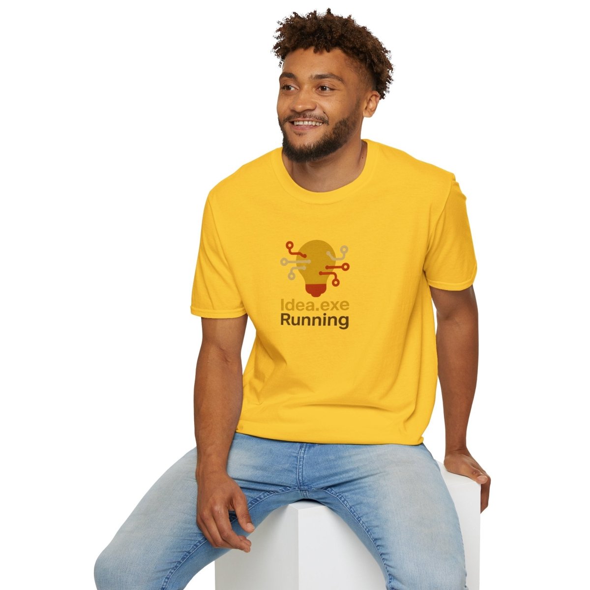 "Idea.exe Running" Tech - Inspired Unisex Softstyle T-Shirt, Geek Humor Tee, Casual Everyday Wear, Gift for Programmers, Unique Tech Gifts, Funny Coding Shirt CW - 2 Yellow Orange - AI Tee Hero