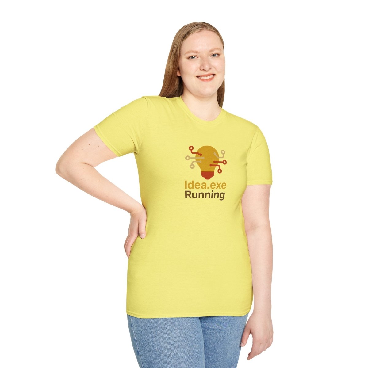 "Idea.exe Running" Tech - Inspired Unisex Softstyle T-Shirt, Geek Humor Tee, Casual Everyday Wear, Gift for Programmers, Unique Tech Gifts, Funny Coding Shirt CW - 2 Yellow Orange - AI Tee Hero