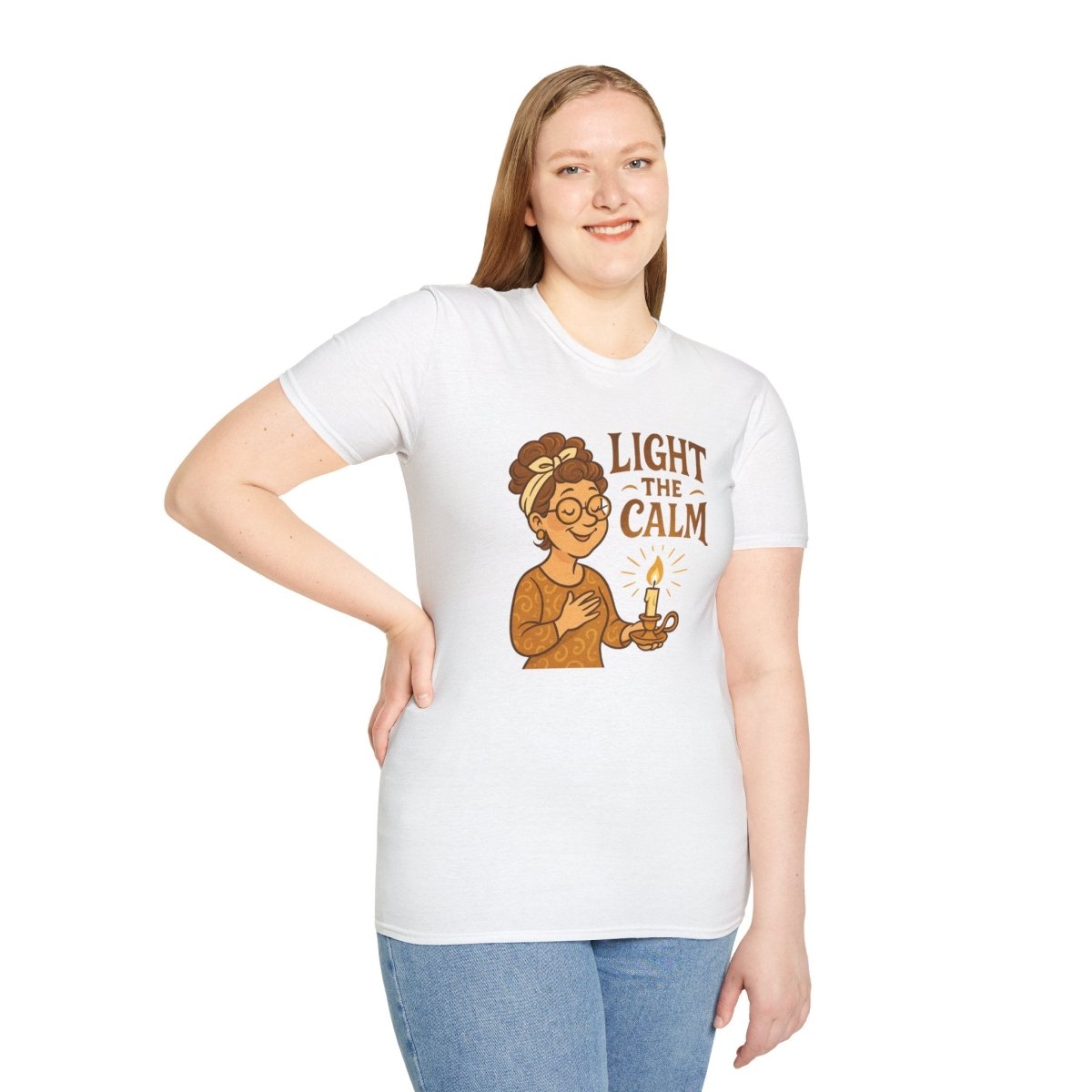 "Light the Calm" Unisex Softstyle Tee, Wellness Apparel, Cozy Gift, Self - Care Shirt, Mindfulness Clothing, Hopeful Message Tee - MINDSet Collection - AI Tee Hero
