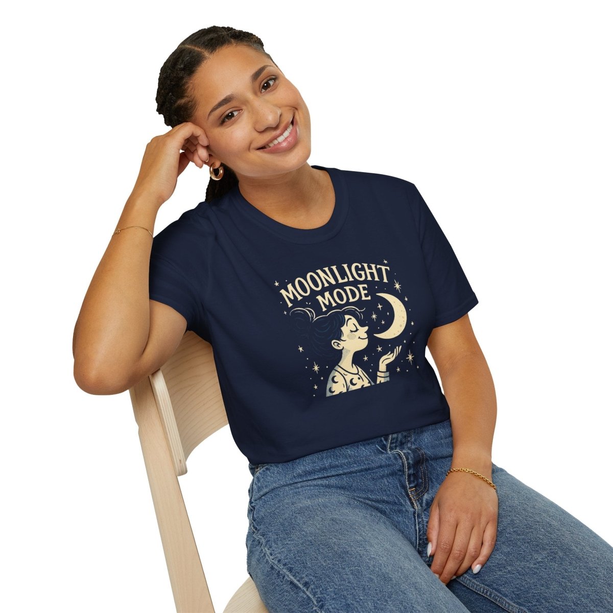 "Moonlight Mode" Unisex T-Shirt - Softstyle, Celestial Apparel, Gift for Dreamers, Astrology Lovers, Casual Wear - MINDSet Collection - AI Tee Hero
