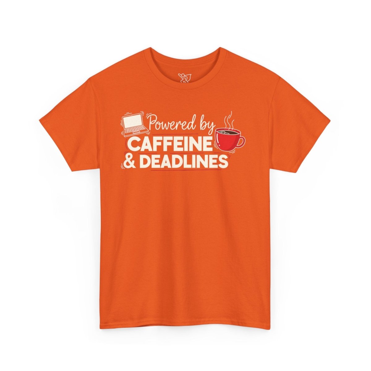 "Powered by Caffeine and Deadlines" Unisex Heavy Cotton Tee - Perfect Gift for Coffee Lovers, Writers, and Students, Casual Wear, Fun Graphic Tee - AI Tee Hero