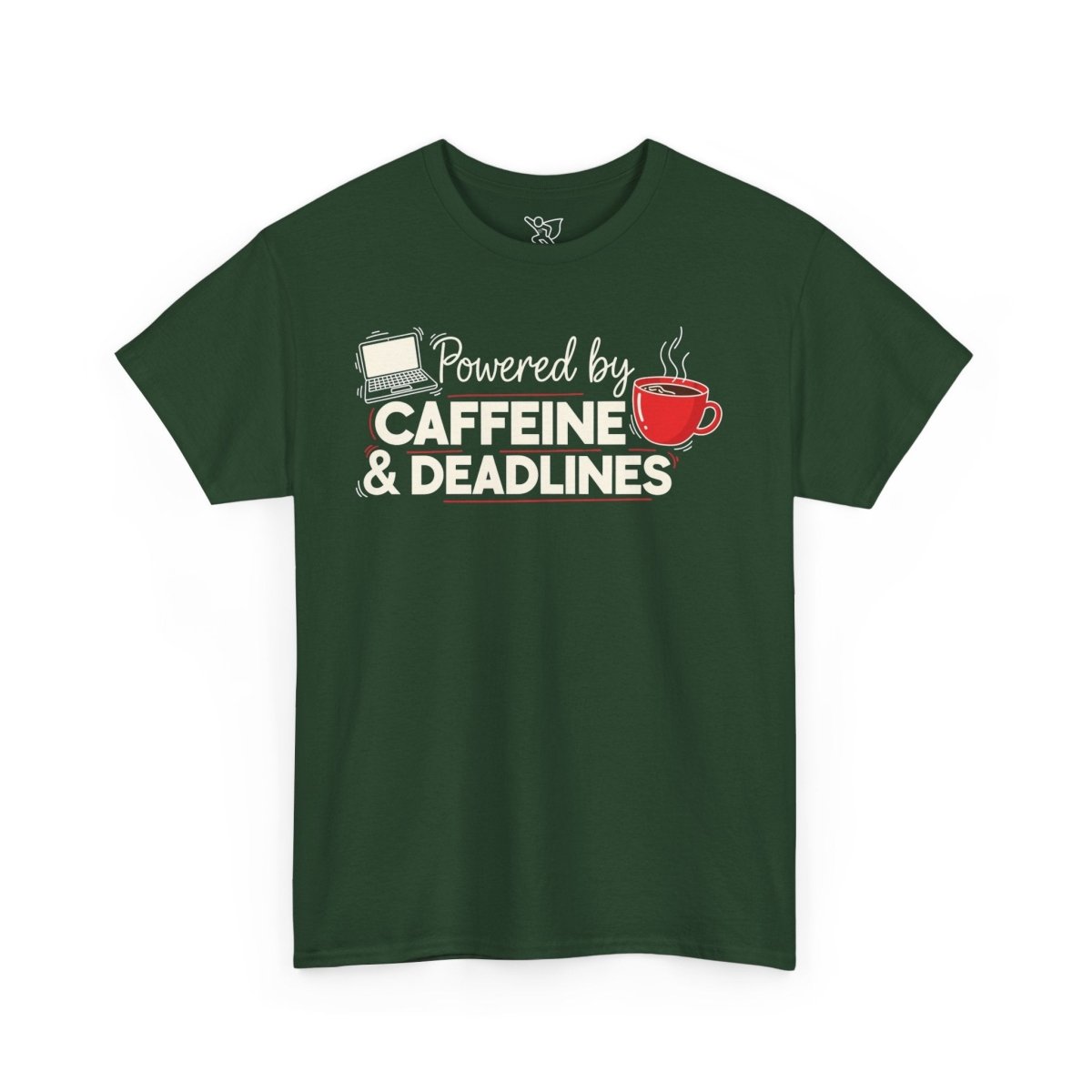"Powered by Caffeine and Deadlines" Unisex Heavy Cotton Tee - Perfect Gift for Coffee Lovers, Writers, and Students, Casual Wear, Fun Graphic Tee - AI Tee Hero
