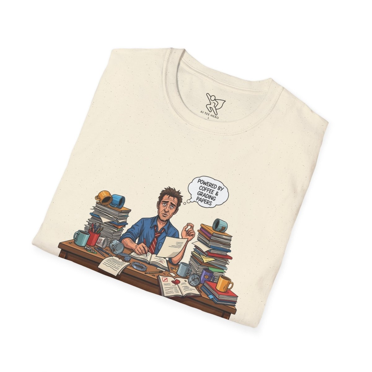 "Powered by Coffee and Grading Papers" CW - 1 Whimsical Humor T-Shirt, Quirky Graphic Tee, Perfect Gift for Book Lovers, Ideal for Birthdays or Casual Wear, Comfy Everyday Shirt - AI Tee Hero