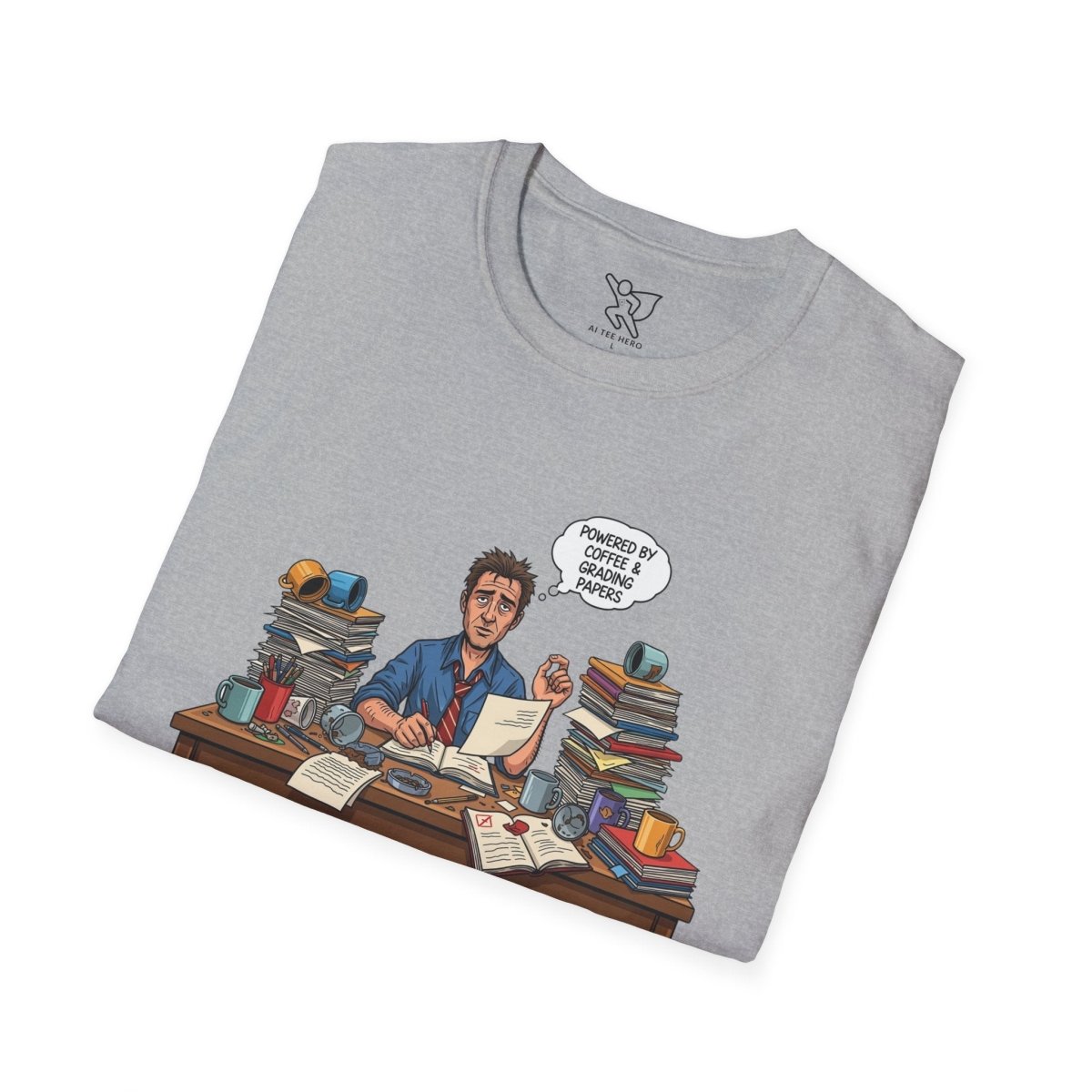 "Powered by Coffee and Grading Papers" CW - 1 Whimsical Humor T-Shirt, Quirky Graphic Tee, Perfect Gift for Book Lovers, Ideal for Birthdays or Casual Wear, Comfy Everyday Shirt - AI Tee Hero