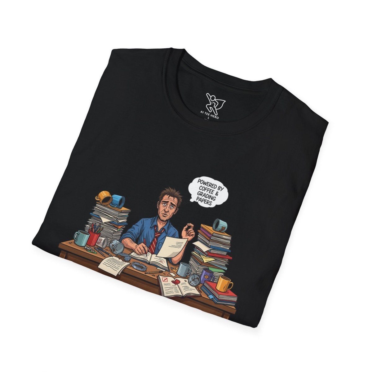 "Powered by Coffee and Grading Papers" CW - 1 Whimsical Humor T-Shirt, Quirky Graphic Tee, Perfect Gift for Book Lovers, Ideal for Birthdays or Casual Wear, Comfy Everyday Shirt - AI Tee Hero