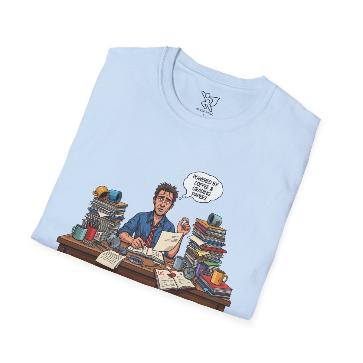 "Powered by Coffee and Grading Papers" CW - 1 Whimsical Humor T-Shirt, Quirky Graphic Tee, Perfect Gift for Book Lovers, Ideal for Birthdays or Casual Wear, Comfy Everyday Shirt - AI Tee Hero