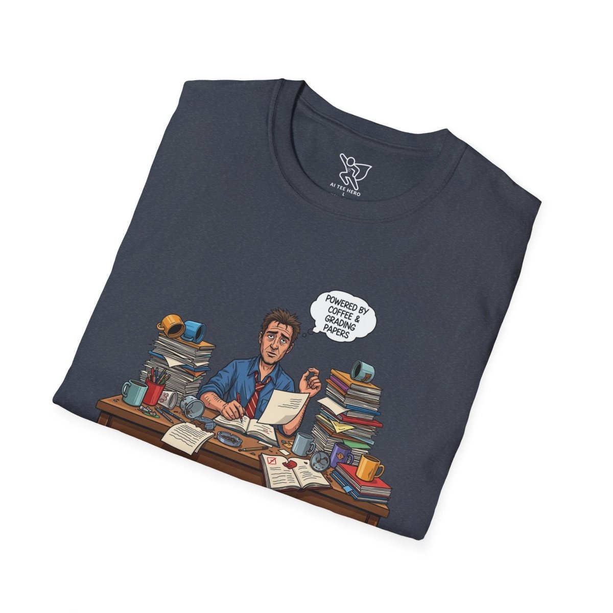 "Powered by Coffee and Grading Papers" CW - 1 Whimsical Humor T-Shirt, Quirky Graphic Tee, Perfect Gift for Book Lovers, Ideal for Birthdays or Casual Wear, Comfy Everyday Shirt - AI Tee Hero