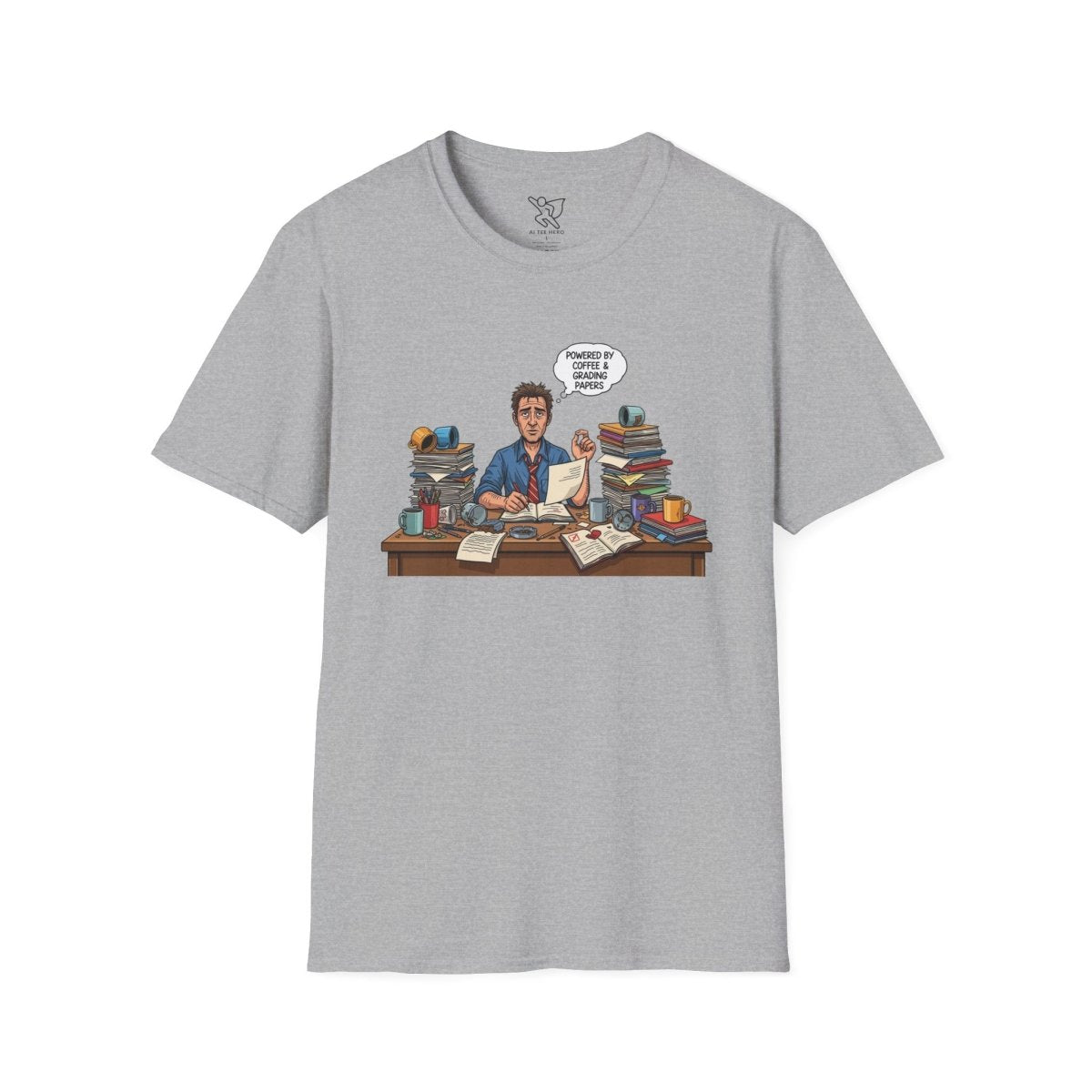 "Powered by Coffee and Grading Papers" CW - 1 Whimsical Humor T-Shirt, Quirky Graphic Tee, Perfect Gift for Book Lovers, Ideal for Birthdays or Casual Wear, Comfy Everyday Shirt - AI Tee Hero
