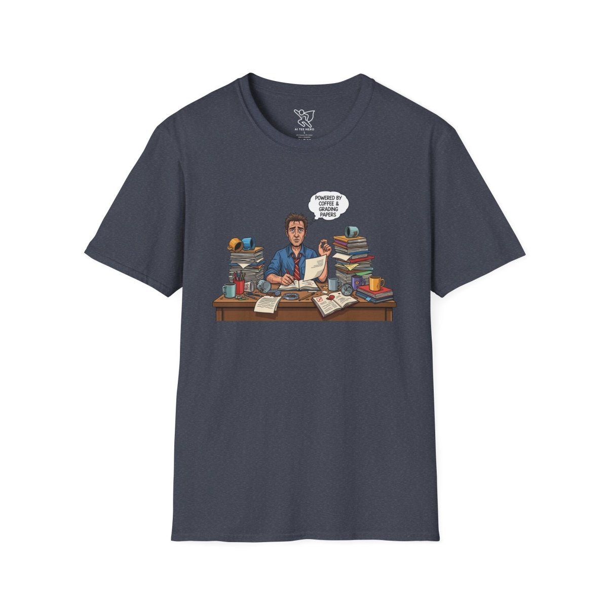 "Powered by Coffee and Grading Papers" CW - 1 Whimsical Humor T-Shirt, Quirky Graphic Tee, Perfect Gift for Book Lovers, Ideal for Birthdays or Casual Wear, Comfy Everyday Shirt - AI Tee Hero