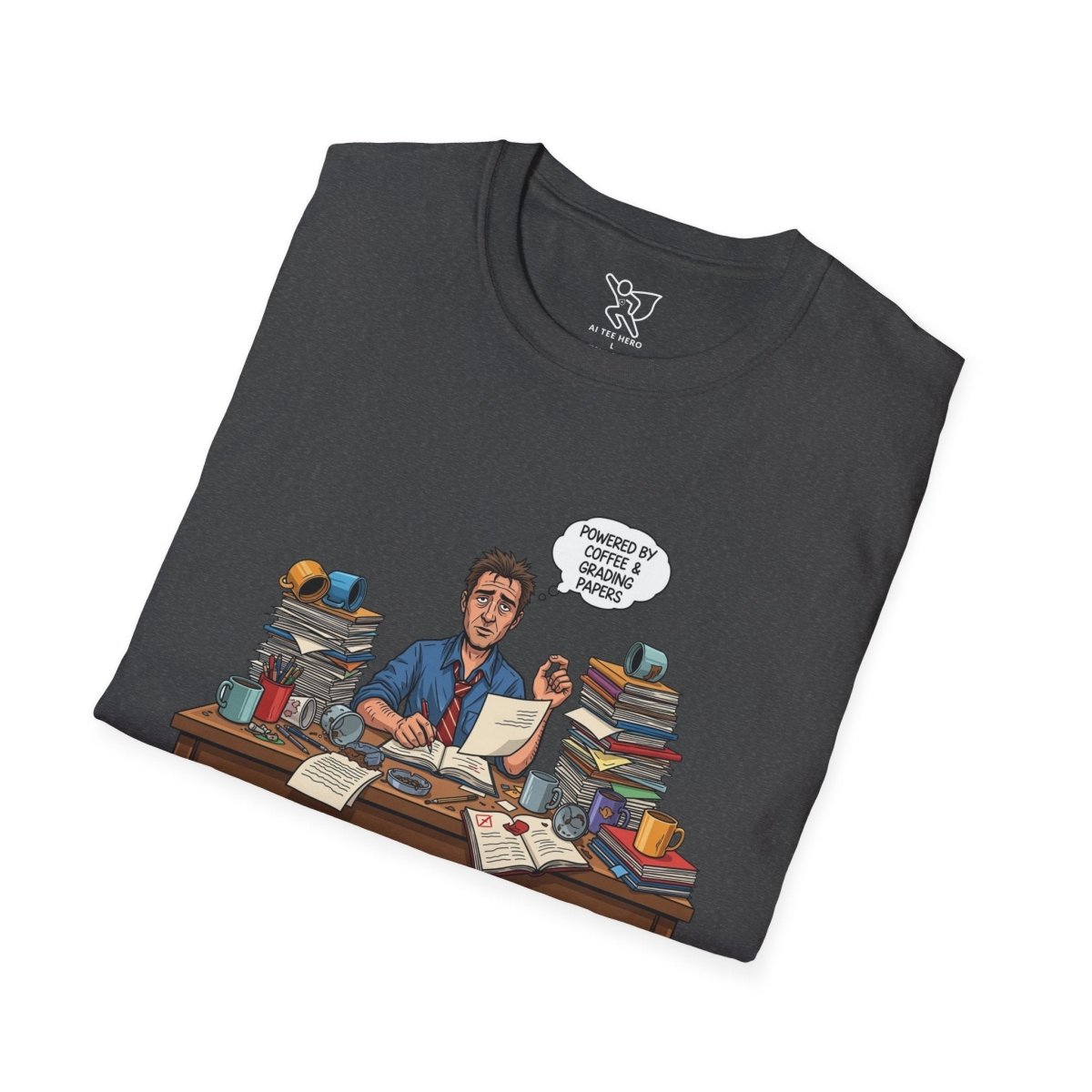 "Powered by Coffee and Grading Papers" CW - 1 Whimsical Humor T-Shirt, Quirky Graphic Tee, Perfect Gift for Book Lovers, Ideal for Birthdays or Casual Wear, Comfy Everyday Shirt - AI Tee Hero