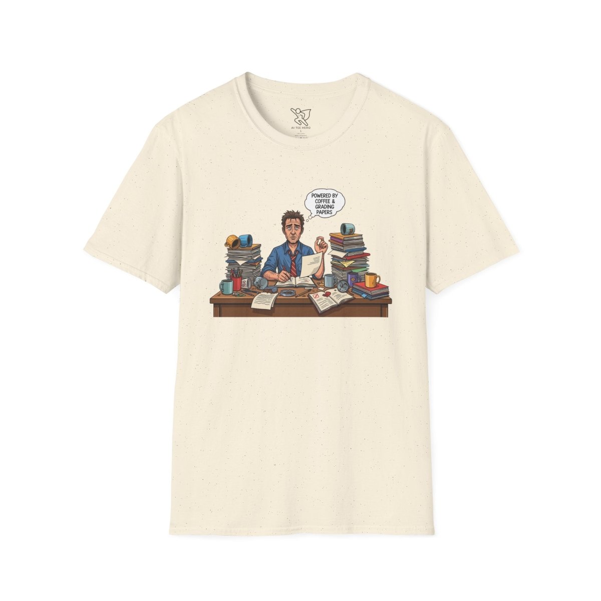 "Powered by Coffee and Grading Papers" CW - 1 Whimsical Humor T-Shirt, Quirky Graphic Tee, Perfect Gift for Book Lovers, Ideal for Birthdays or Casual Wear, Comfy Everyday Shirt - AI Tee Hero