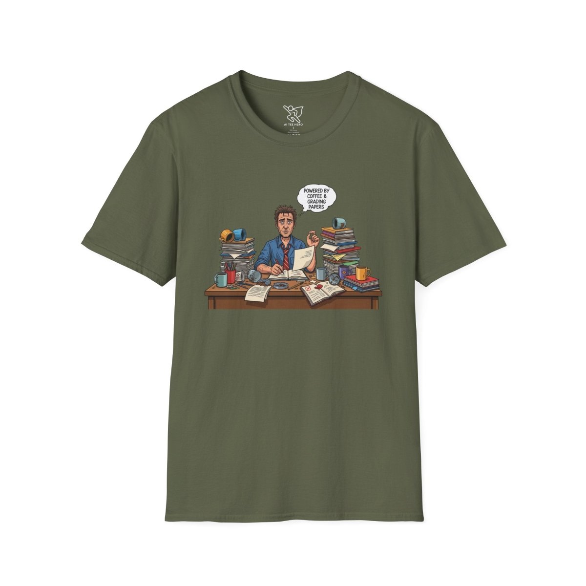 "Powered by Coffee and Grading Papers" CW - 1 Whimsical Humor T-Shirt, Quirky Graphic Tee, Perfect Gift for Book Lovers, Ideal for Birthdays or Casual Wear, Comfy Everyday Shirt - AI Tee Hero