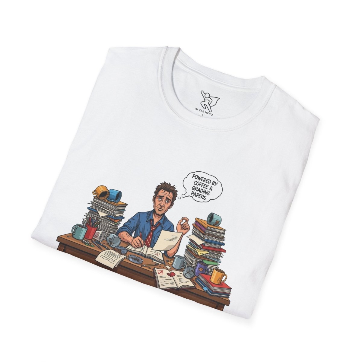 "Powered by Coffee and Grading Papers" CW - 1 Whimsical Humor T-Shirt, Quirky Graphic Tee, Perfect Gift for Book Lovers, Ideal for Birthdays or Casual Wear, Comfy Everyday Shirt - AI Tee Hero