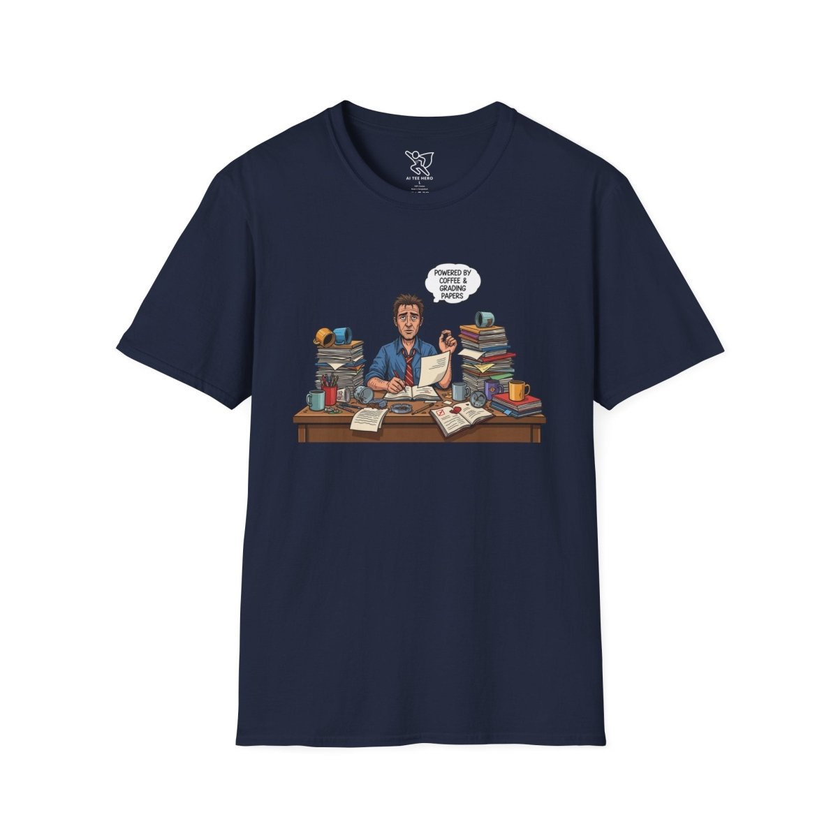 "Powered by Coffee and Grading Papers" CW - 1 Whimsical Humor T-Shirt, Quirky Graphic Tee, Perfect Gift for Book Lovers, Ideal for Birthdays or Casual Wear, Comfy Everyday Shirt - AI Tee Hero