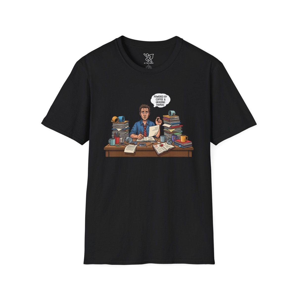 "Powered by Coffee and Grading Papers" CW - 1 Whimsical Humor T-Shirt, Quirky Graphic Tee, Perfect Gift for Book Lovers, Ideal for Birthdays or Casual Wear, Comfy Everyday Shirt - AI Tee Hero