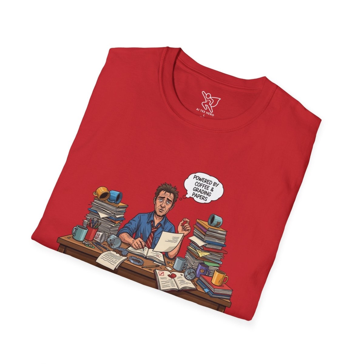 "Powered by Coffee and Grading Papers" CW - 1 Whimsical Humor T-Shirt, Quirky Graphic Tee, Perfect Gift for Book Lovers, Ideal for Birthdays or Casual Wear, Comfy Everyday Shirt - AI Tee Hero