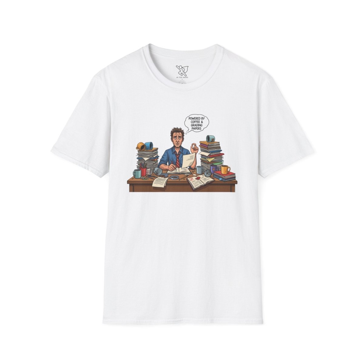 "Powered by Coffee and Grading Papers" CW - 1 Whimsical Humor T-Shirt, Quirky Graphic Tee, Perfect Gift for Book Lovers, Ideal for Birthdays or Casual Wear, Comfy Everyday Shirt - AI Tee Hero
