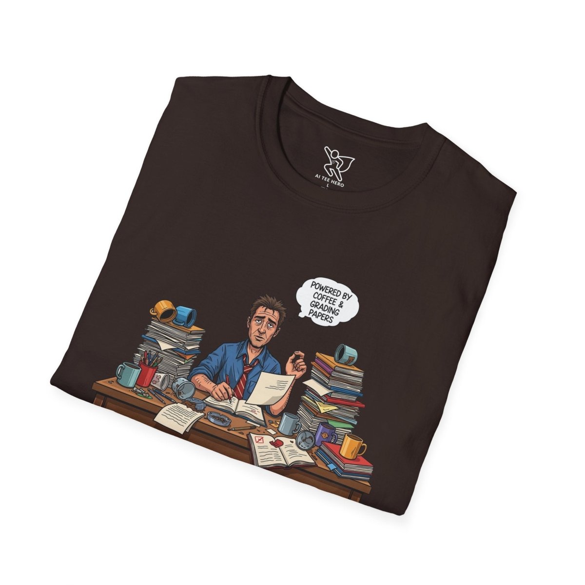 "Powered by Coffee and Grading Papers" CW - 1 Whimsical Humor T-Shirt, Quirky Graphic Tee, Perfect Gift for Book Lovers, Ideal for Birthdays or Casual Wear, Comfy Everyday Shirt - AI Tee Hero