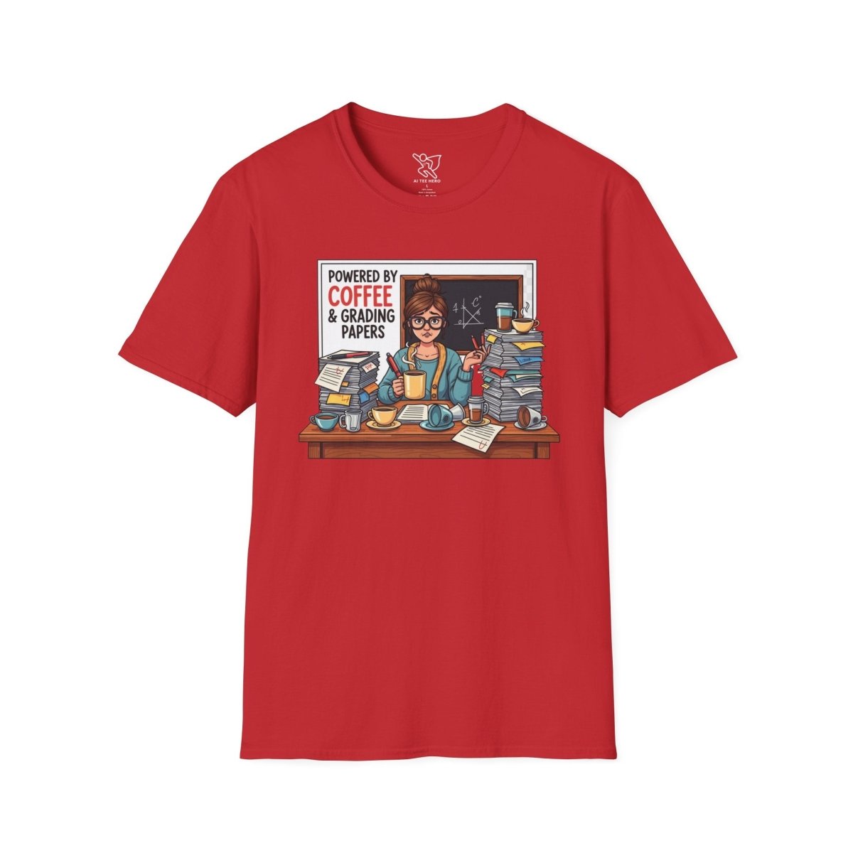 "Powered by Coffee and Grading Papers" CW - 2 Whimsical Humor T-Shirt, Quirky Graphic Tee, Perfect Gift for Book Lovers, Ideal for Birthdays or Casual Wear, Comfy Everyday Shirt - AI Tee Hero