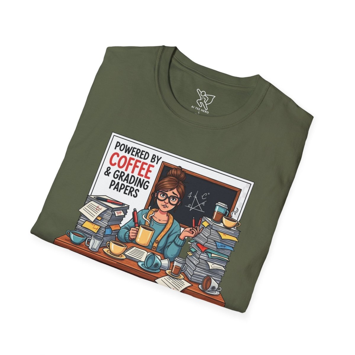 "Powered by Coffee and Grading Papers" CW - 2 Whimsical Humor T-Shirt, Quirky Graphic Tee, Perfect Gift for Book Lovers, Ideal for Birthdays or Casual Wear, Comfy Everyday Shirt - AI Tee Hero