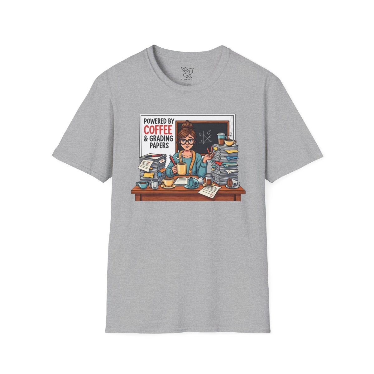 "Powered by Coffee and Grading Papers" CW - 2 Whimsical Humor T-Shirt, Quirky Graphic Tee, Perfect Gift for Book Lovers, Ideal for Birthdays or Casual Wear, Comfy Everyday Shirt - AI Tee Hero