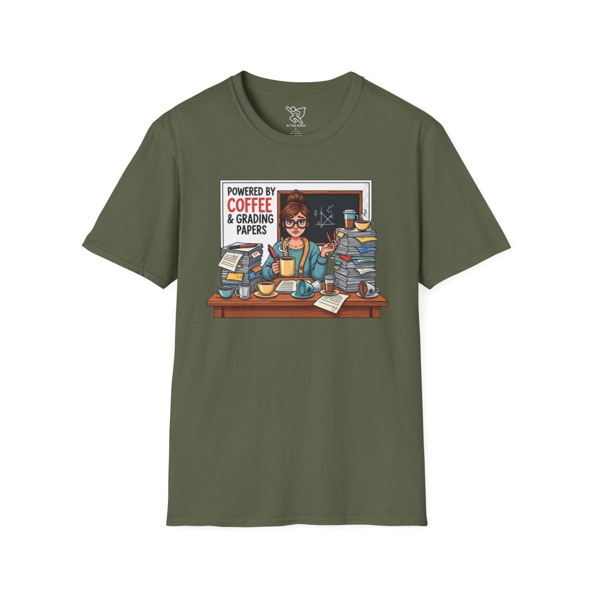 "Powered by Coffee and Grading Papers" CW - 2 Whimsical Humor T-Shirt, Quirky Graphic Tee, Perfect Gift for Book Lovers, Ideal for Birthdays or Casual Wear, Comfy Everyday Shirt - AI Tee Hero