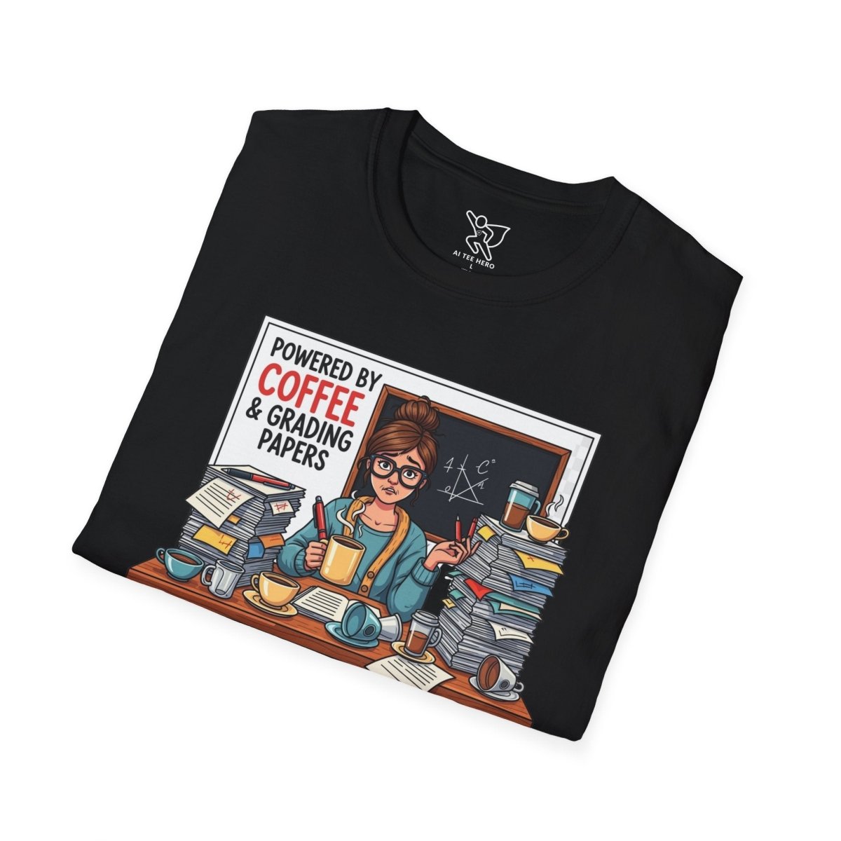 "Powered by Coffee and Grading Papers" CW - 2 Whimsical Humor T-Shirt, Quirky Graphic Tee, Perfect Gift for Book Lovers, Ideal for Birthdays or Casual Wear, Comfy Everyday Shirt - AI Tee Hero