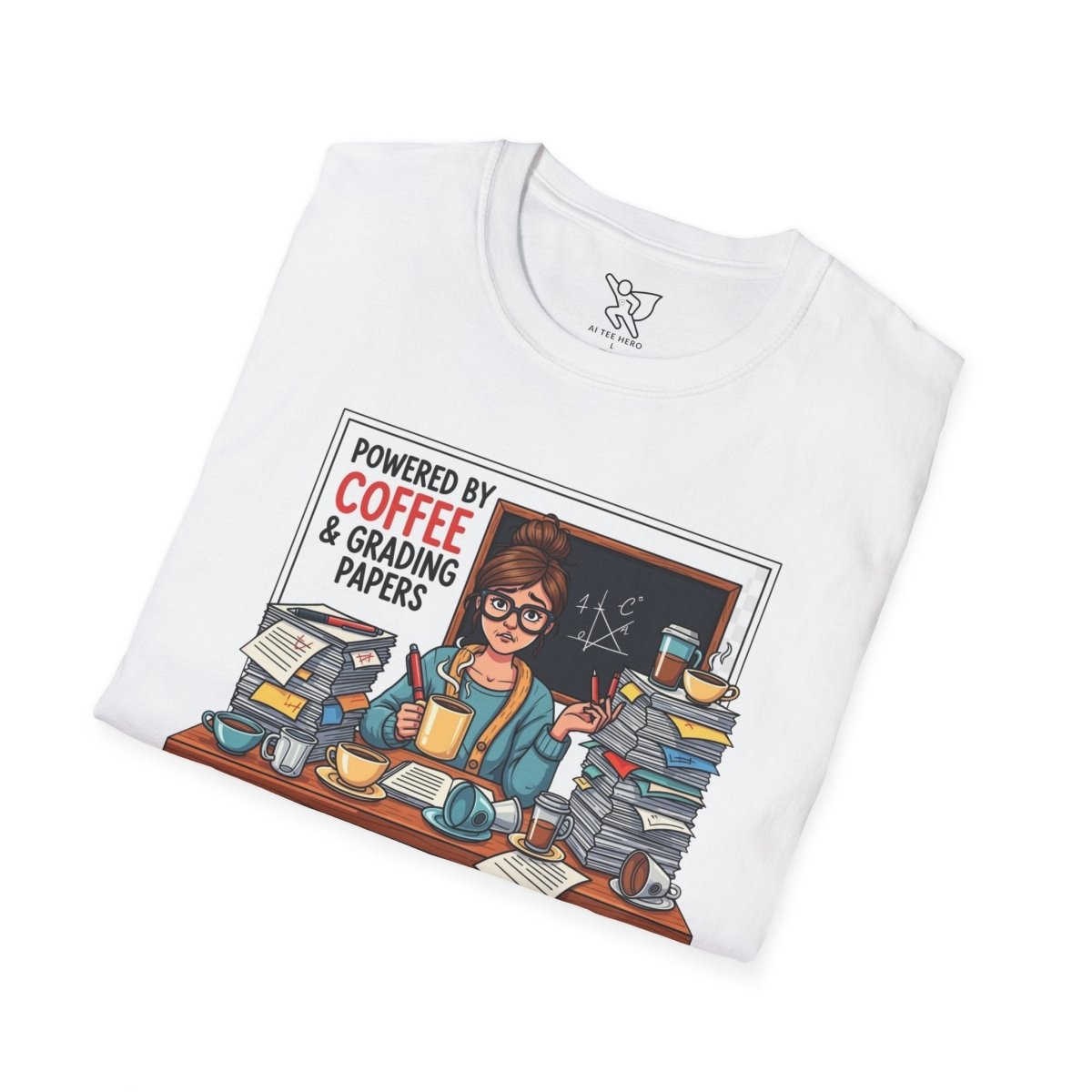 "Powered by Coffee and Grading Papers" CW - 2 Whimsical Humor T-Shirt, Quirky Graphic Tee, Perfect Gift for Book Lovers, Ideal for Birthdays or Casual Wear, Comfy Everyday Shirt - AI Tee Hero