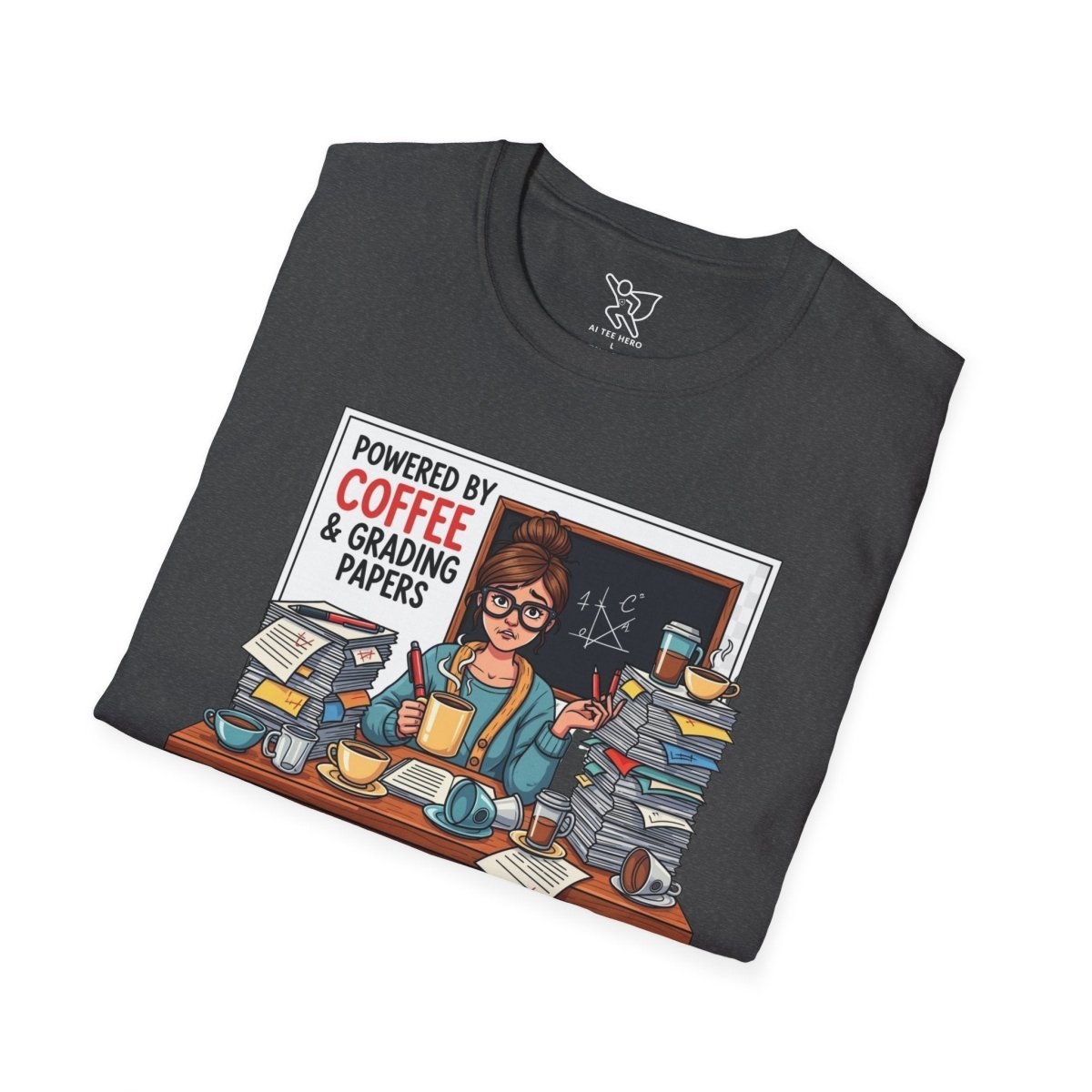 "Powered by Coffee and Grading Papers" CW - 2 Whimsical Humor T-Shirt, Quirky Graphic Tee, Perfect Gift for Book Lovers, Ideal for Birthdays or Casual Wear, Comfy Everyday Shirt - AI Tee Hero