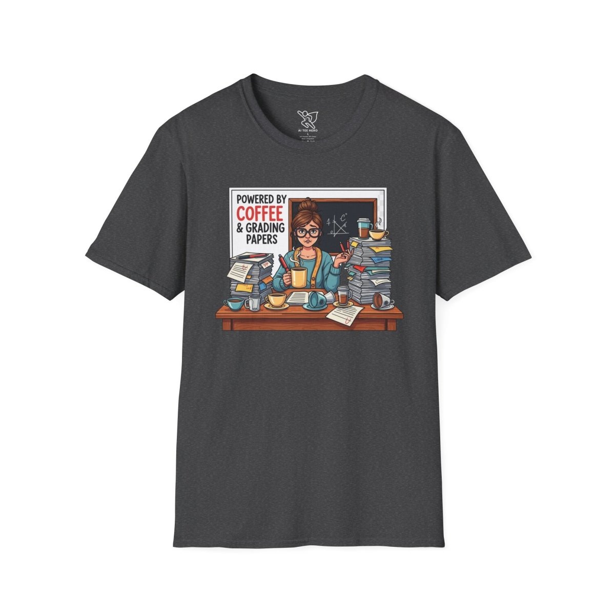 "Powered by Coffee and Grading Papers" CW - 2 Whimsical Humor T-Shirt, Quirky Graphic Tee, Perfect Gift for Book Lovers, Ideal for Birthdays or Casual Wear, Comfy Everyday Shirt - AI Tee Hero