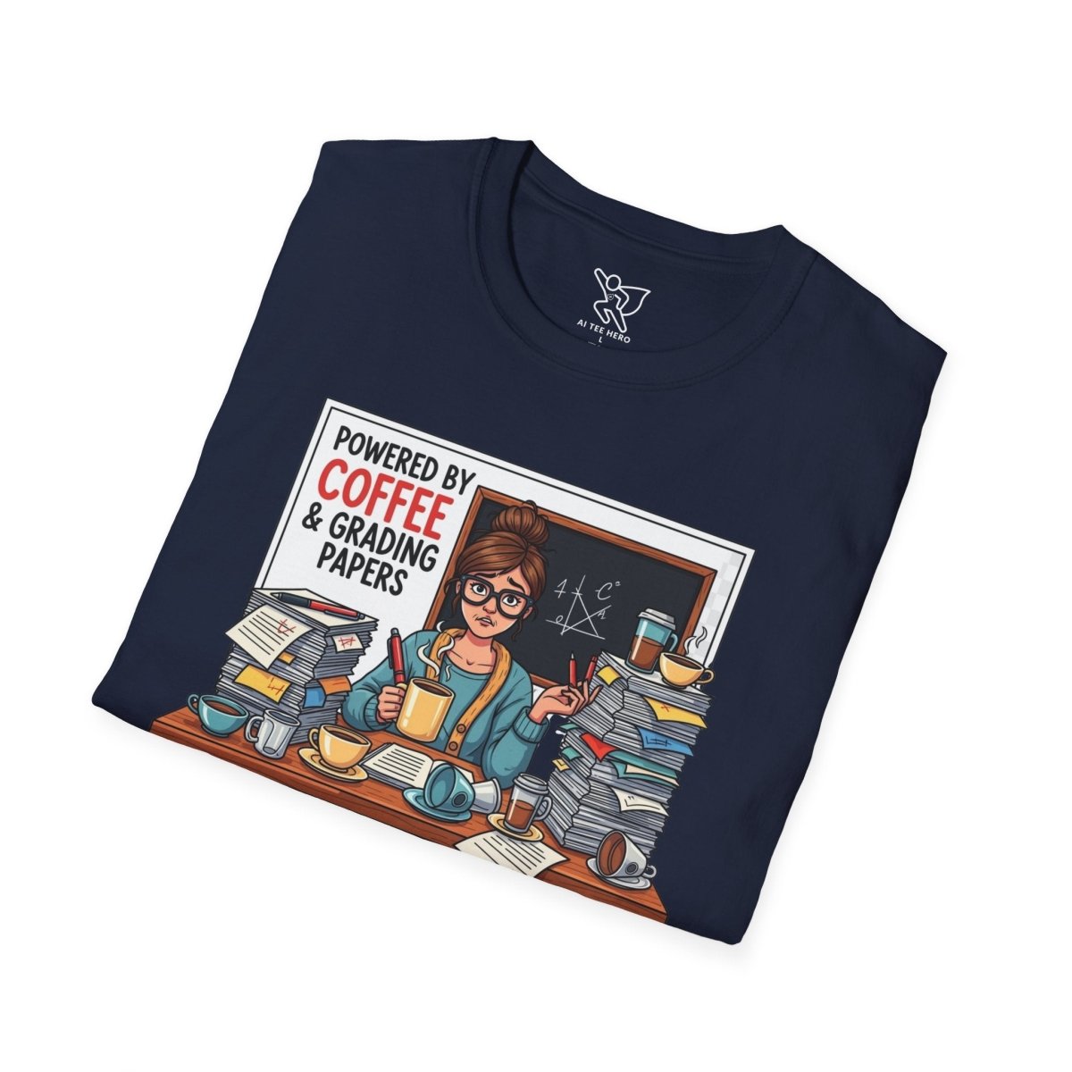 "Powered by Coffee and Grading Papers" CW - 2 Whimsical Humor T-Shirt, Quirky Graphic Tee, Perfect Gift for Book Lovers, Ideal for Birthdays or Casual Wear, Comfy Everyday Shirt - AI Tee Hero