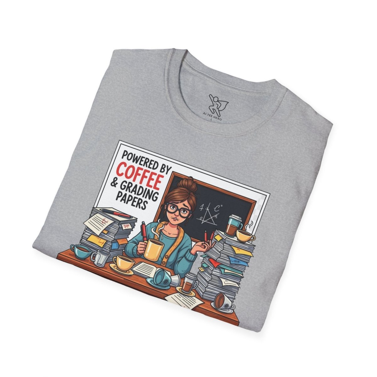 "Powered by Coffee and Grading Papers" CW - 2 Whimsical Humor T-Shirt, Quirky Graphic Tee, Perfect Gift for Book Lovers, Ideal for Birthdays or Casual Wear, Comfy Everyday Shirt - AI Tee Hero