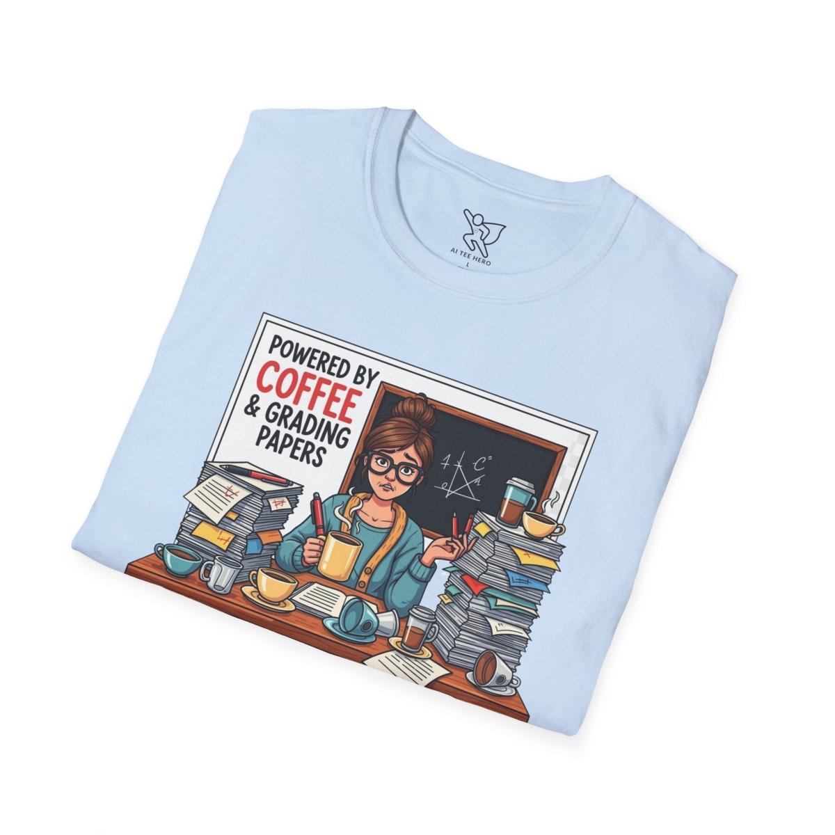 "Powered by Coffee and Grading Papers" CW - 2 Whimsical Humor T-Shirt, Quirky Graphic Tee, Perfect Gift for Book Lovers, Ideal for Birthdays or Casual Wear, Comfy Everyday Shirt - AI Tee Hero