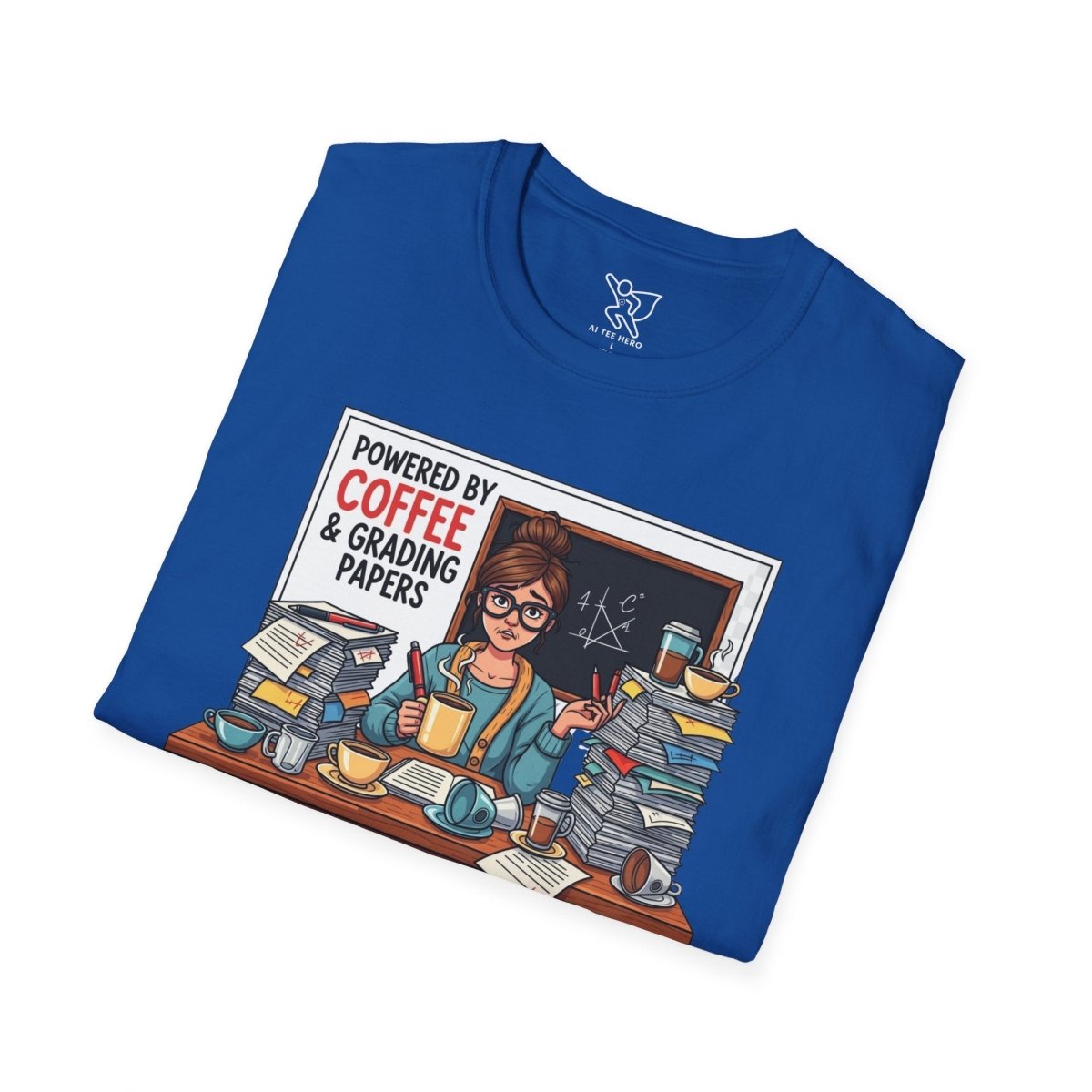 "Powered by Coffee and Grading Papers" CW - 2 Whimsical Humor T-Shirt, Quirky Graphic Tee, Perfect Gift for Book Lovers, Ideal for Birthdays or Casual Wear, Comfy Everyday Shirt - AI Tee Hero