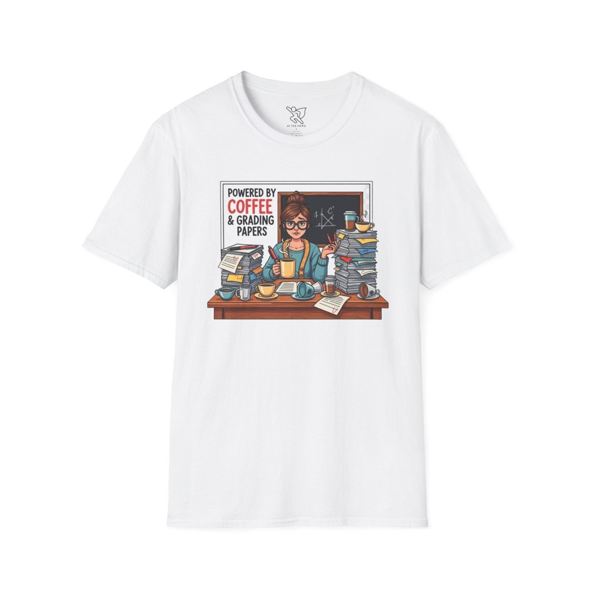 "Powered by Coffee and Grading Papers" CW - 2 Whimsical Humor T-Shirt, Quirky Graphic Tee, Perfect Gift for Book Lovers, Ideal for Birthdays or Casual Wear, Comfy Everyday Shirt - AI Tee Hero