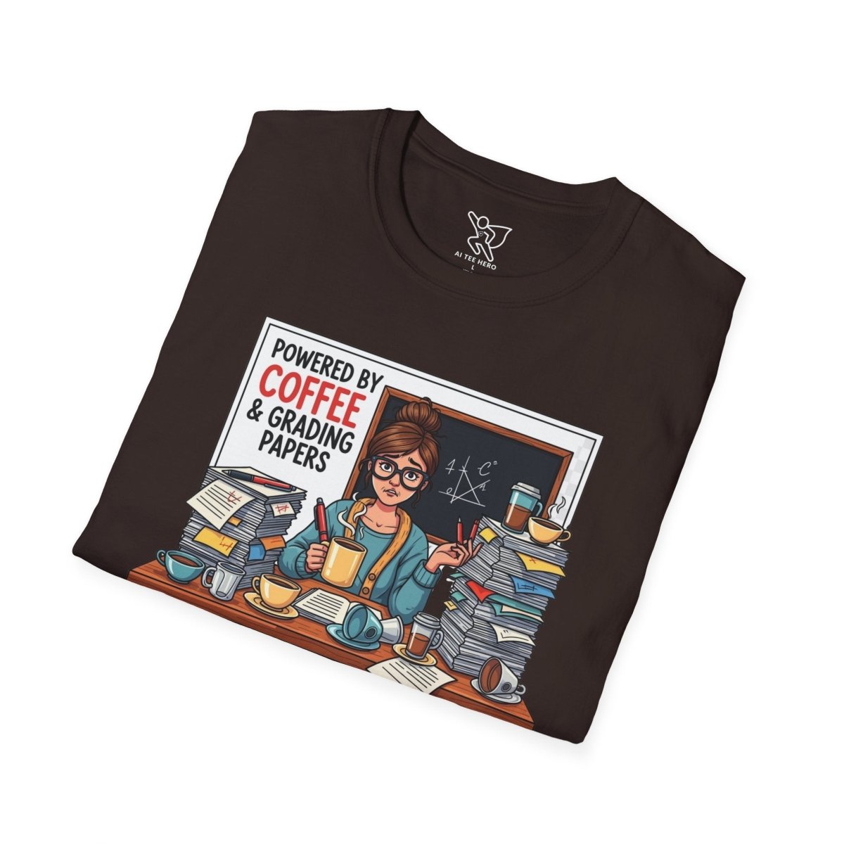 "Powered by Coffee and Grading Papers" CW - 2 Whimsical Humor T-Shirt, Quirky Graphic Tee, Perfect Gift for Book Lovers, Ideal for Birthdays or Casual Wear, Comfy Everyday Shirt - AI Tee Hero