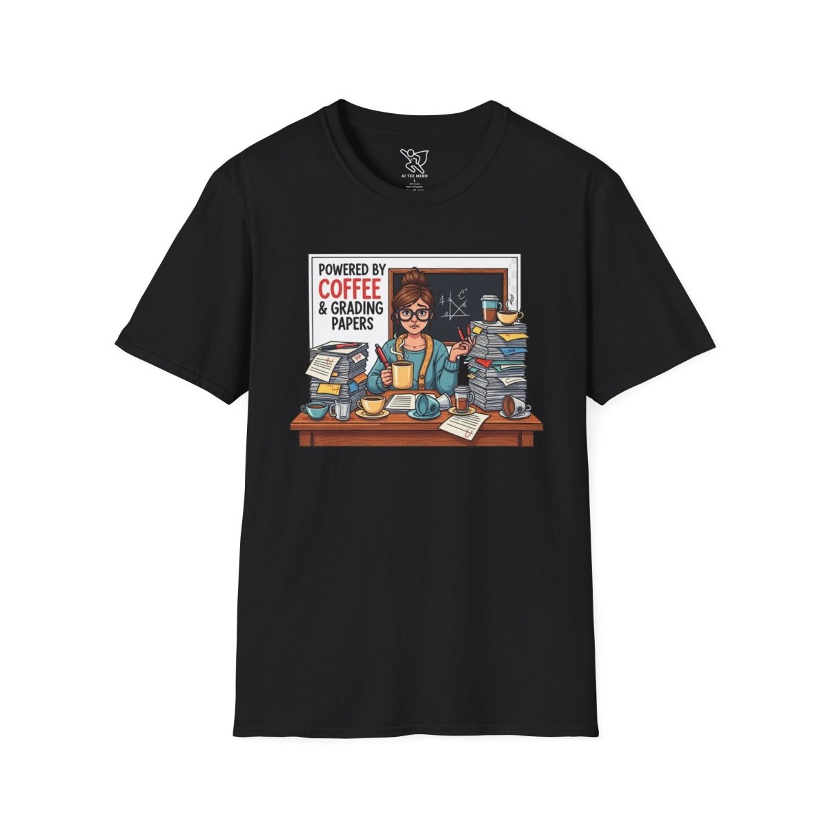 "Powered by Coffee and Grading Papers" CW - 2 Whimsical Humor T-Shirt, Quirky Graphic Tee, Perfect Gift for Book Lovers, Ideal for Birthdays or Casual Wear, Comfy Everyday Shirt - AI Tee Hero