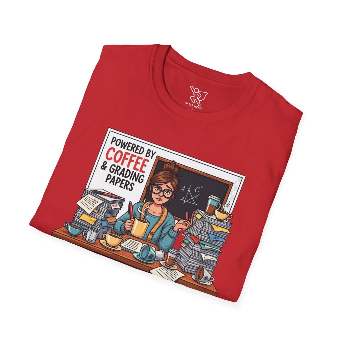 "Powered by Coffee and Grading Papers" CW - 2 Whimsical Humor T-Shirt, Quirky Graphic Tee, Perfect Gift for Book Lovers, Ideal for Birthdays or Casual Wear, Comfy Everyday Shirt - AI Tee Hero