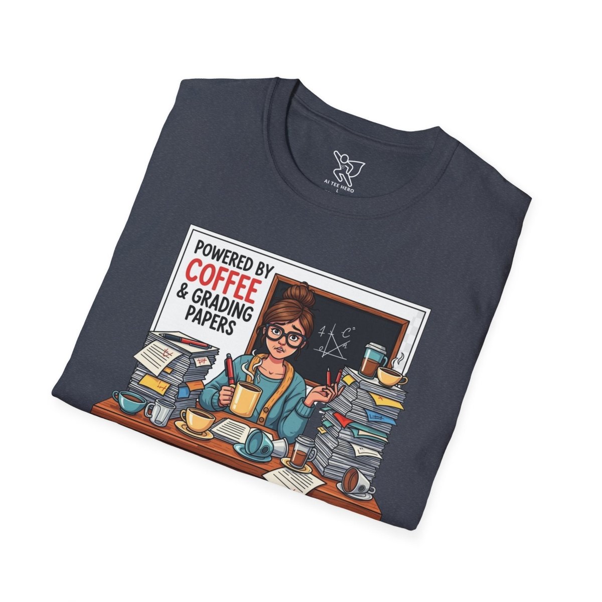 "Powered by Coffee and Grading Papers" CW - 2 Whimsical Humor T-Shirt, Quirky Graphic Tee, Perfect Gift for Book Lovers, Ideal for Birthdays or Casual Wear, Comfy Everyday Shirt - AI Tee Hero