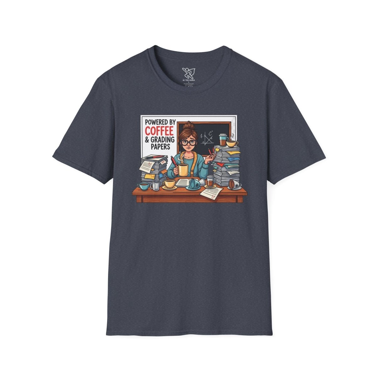 "Powered by Coffee and Grading Papers" CW - 2 Whimsical Humor T-Shirt, Quirky Graphic Tee, Perfect Gift for Book Lovers, Ideal for Birthdays or Casual Wear, Comfy Everyday Shirt - AI Tee Hero