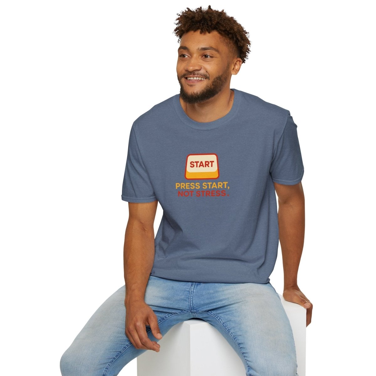 "Press Start, Not Stress" Unisex T-Shirt - Relaxed Fit Gaming Tee, Gift for Gamers, Fun Stress Relief Shirt, Casual Everyday Wear CW - 1 Yellow Orange - AI Tee Hero