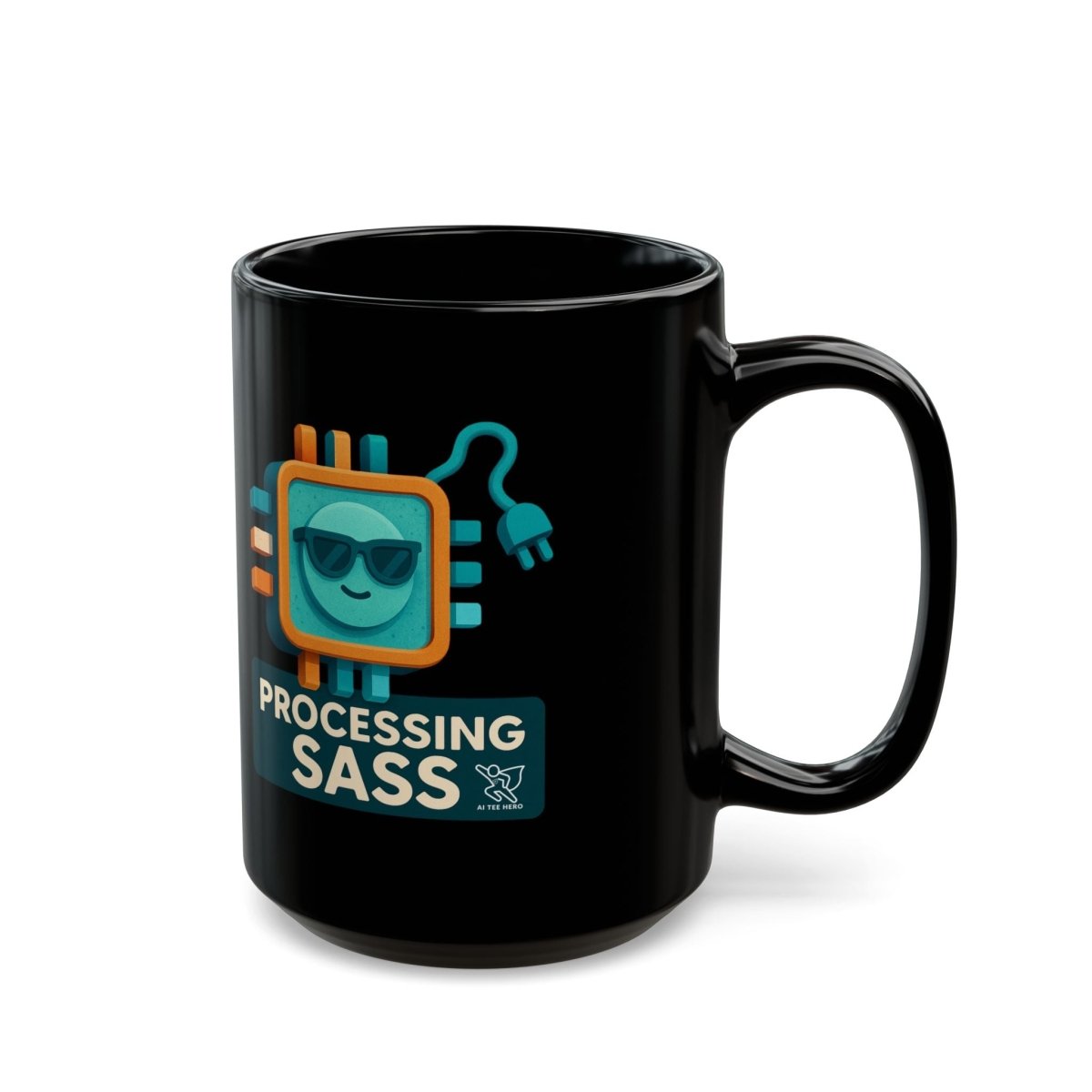 "Processing Sass" Black Mug - Fun Gift for Programmers, Tech Enthusiasts, Coffee Lovers - 11oz/15oz, Office Humor, Geeky Decor - AI Tee Hero