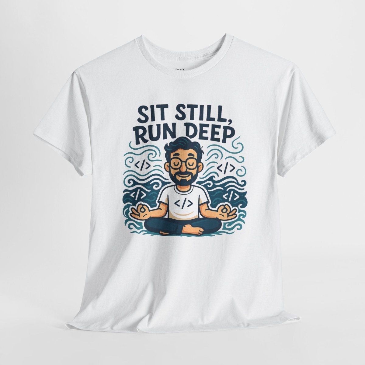 "Sit Still, Run Deep" Meditation Graphic Tee, Unisex Heavy Cotton Shirt, Yoga Gift, Mindfulness Apparel, Relaxation Wear - MINDSet Collection - AI Tee Hero