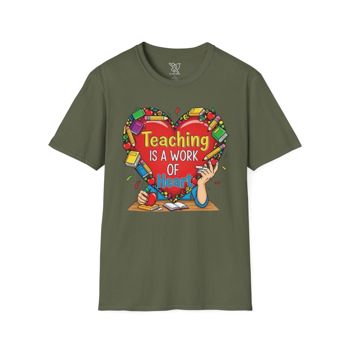 "Teaching Is a Work of Heart" CW - 2 Unisex Teacher Gift, Softstyle Tee, Appreciation Day Apparel, Back to School Clothing - AI Tee Hero