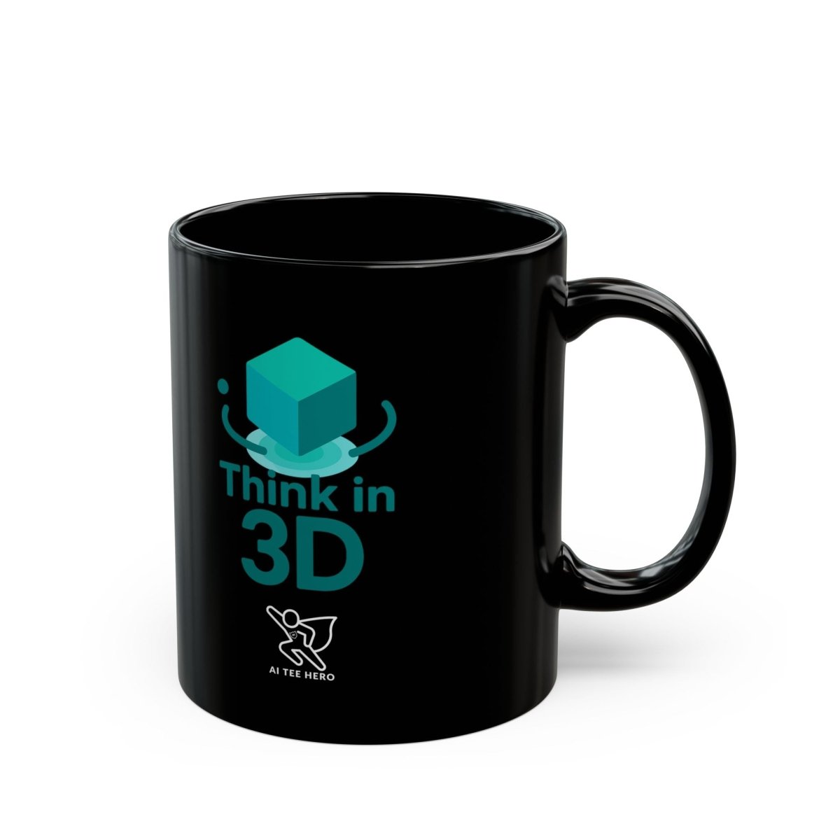 "Think in 3D" Black Mug - Unique Coffee Cup, Gift for Tech Lovers, Graphic Mug for Home or Office, 11oz & 15oz Sizes Available - AI Tee Hero